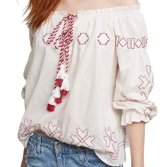 Anthropologie Tops - Anthropologie Harlyn Farina Boho Peasant White & Red Embroidered Top Size Small